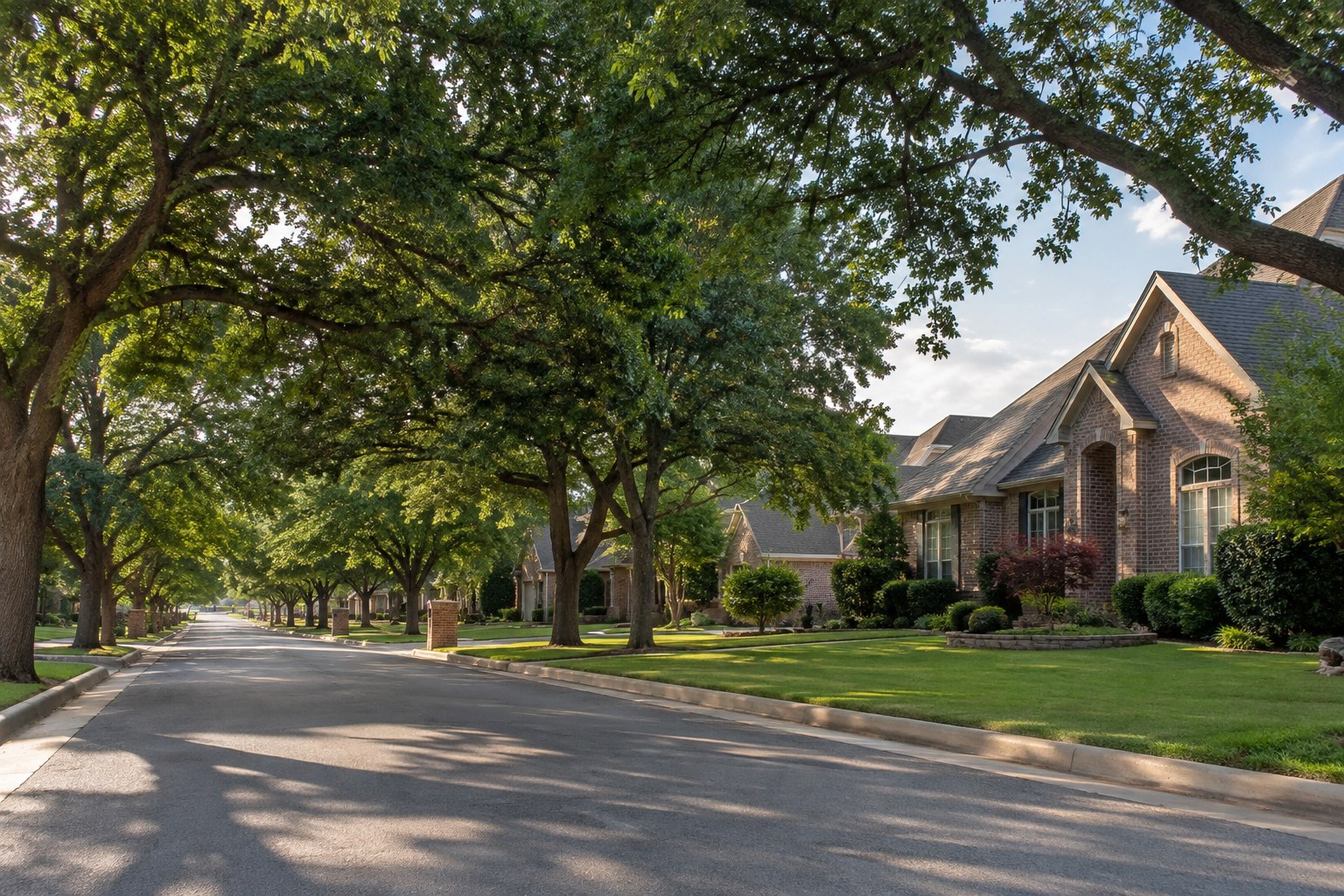 A tree-lined Edmond, Oklahoma residential street, illustrative