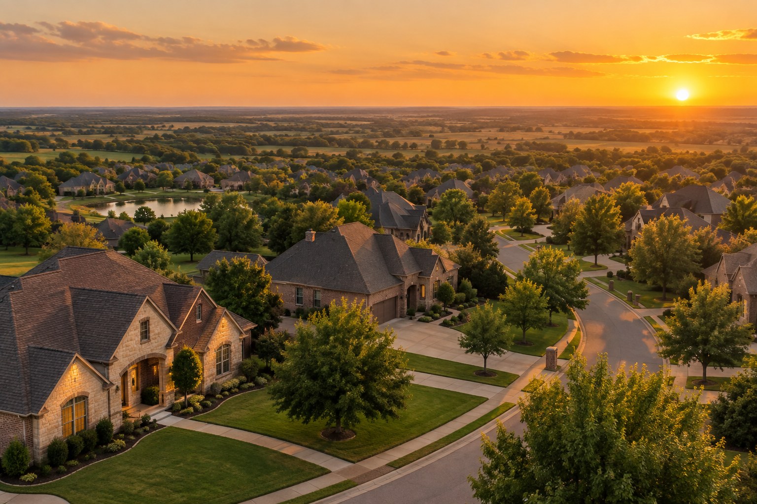 An Edmond, Oklahoma neighborhood at golden hour, illustrative
