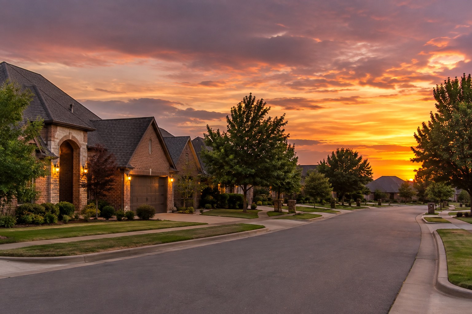 An Edmond, Oklahoma street at sunset, illustrative