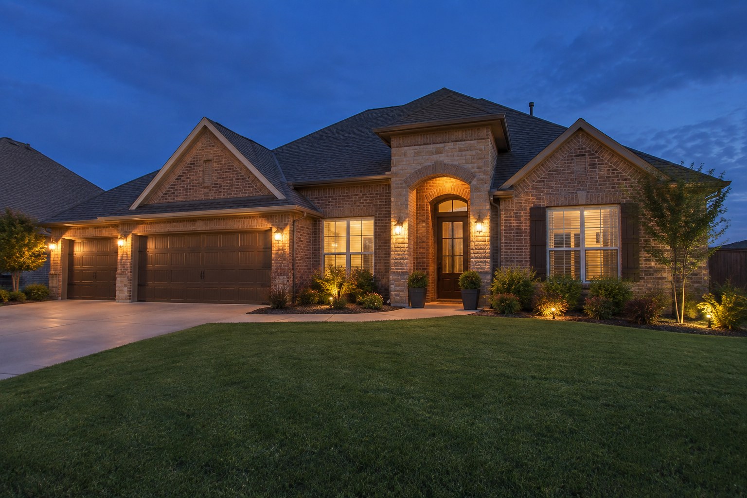 An Oklahoma City metro home exterior at dusk, illustrative