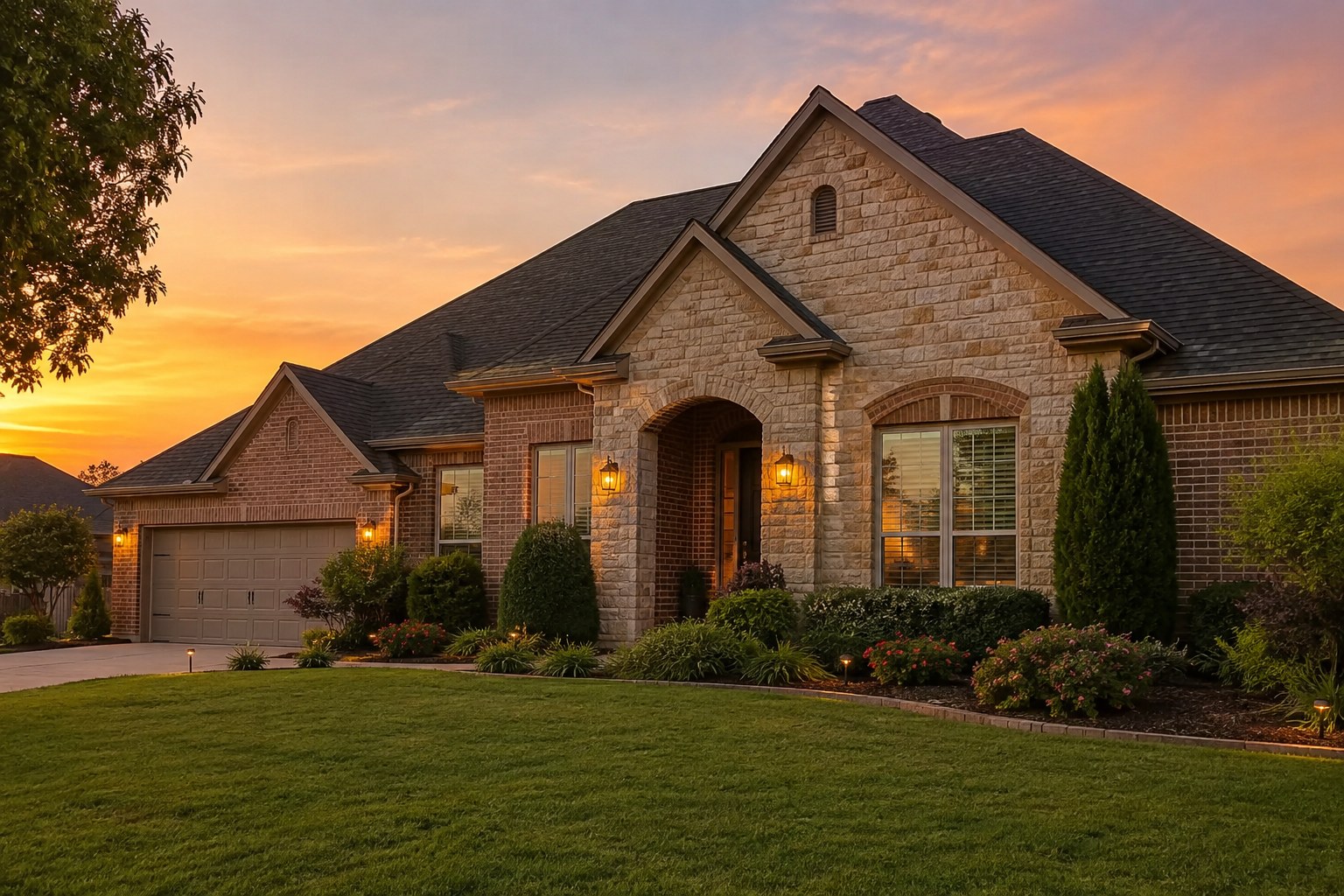 An Edmond, Oklahoma home exterior at golden hour, illustrative